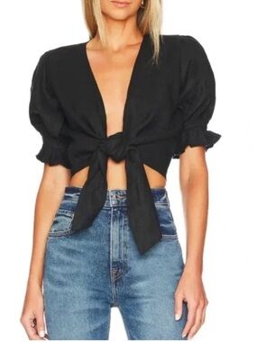 Faithfull the Brand Jamaica - Black Tie-Front Linen Wrap Blouse - Black / XS